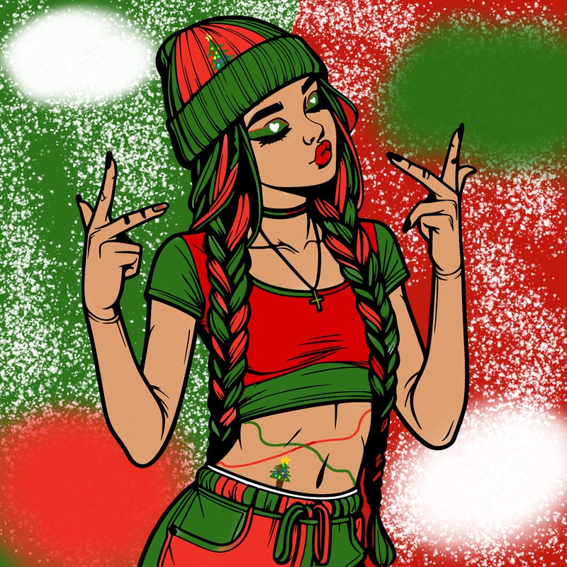 realistic teenage girl with braids and a beanie and crop top doing 🫶🏼