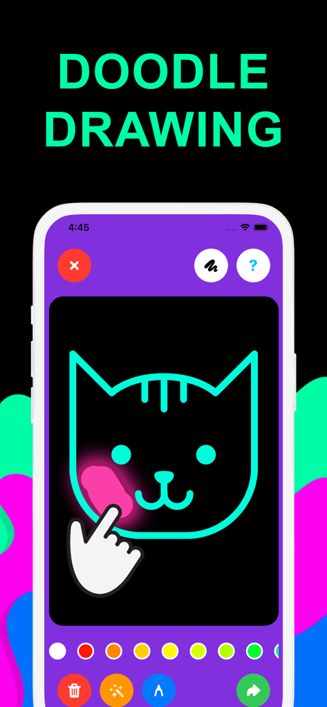 Drawing for kids Tiny Art - Tiny Artアプリのドゥードゥルモードで光るネオンの猫のアウトラインに色を塗っている手