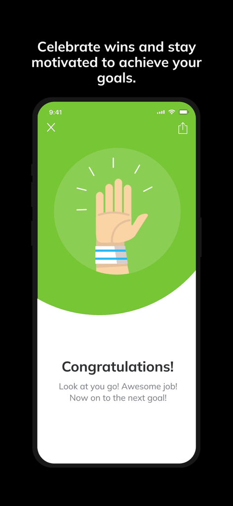 K Fitness - Congratulations screen in the K Fitness app featuring a high-five illustration and motivational text.