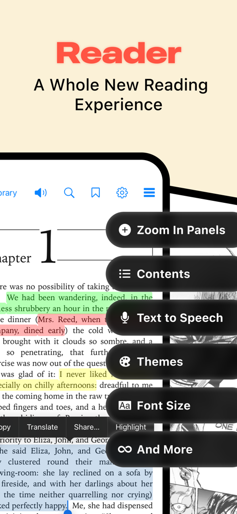 Comick: Comic & eBook Reader - Interfaccia dell'app lettore Comick che mostra funzionalità come text to speech, personalizzazione del carattere e temi.
