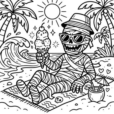 Discover a surprisingly chill horror mummy enjoying a sunny summer vacation on the beach. This fun coloring page combines spooky vibes with delightful tropical elements, perfect for creative minds.