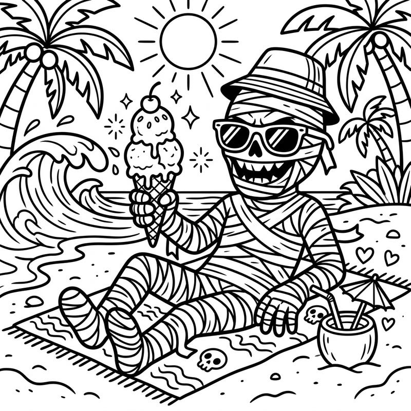 Discover a surprisingly chill horror mummy enjoying a sunny summer vacation on the beach. This fun coloring page combines spooky vibes with delightful tropical elements, perfect for creative minds.