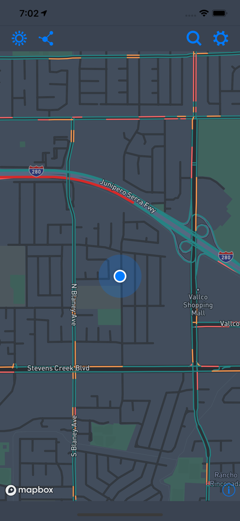 Back Seat Navigator - Dark mode navigation map interface showing streets and current location marker