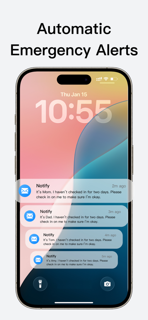 Are you dead-sms&email alert - Pantalla de bloqueo del iPhone mostrando notificaciones de seguridad automatizadas por registros perdidos de múltiples contactos.