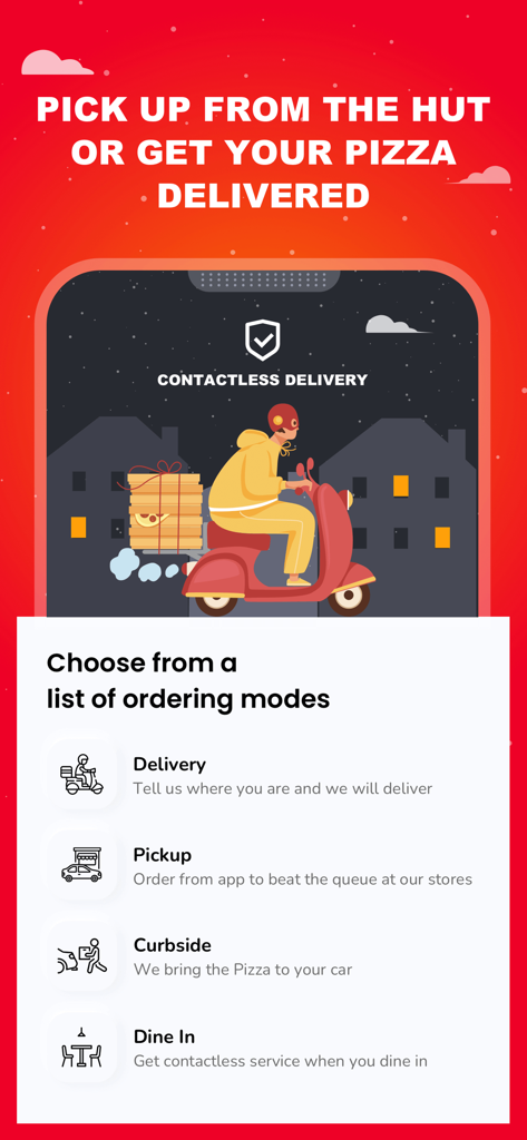 Tela de opções de pedidos do aplicativo Pizza Hut Omã mostrando modos de pedido, incluindo entrega, retirada, na calçada e para comer no local