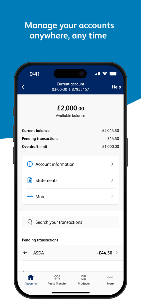 A interface do aplicativo móvel Co-operative Bank mostrando o saldo da conta corrente e o histórico de transações