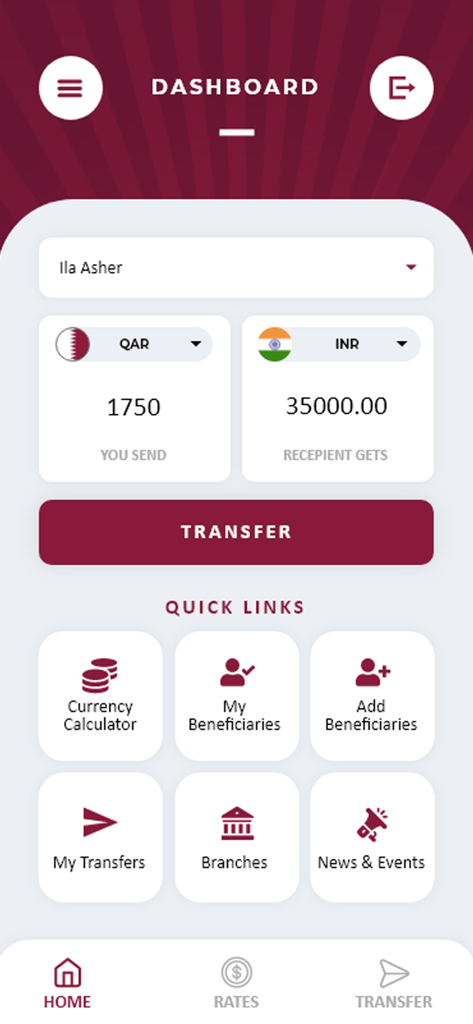 Al Sadd Exchange - Dashboard of Al Sadd Exchange app showing currency conversion and remittance options