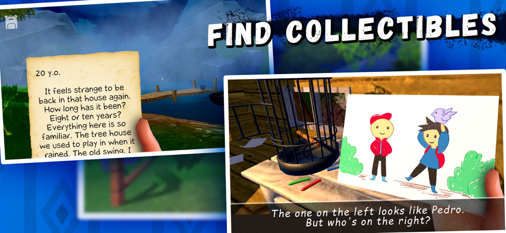 Angry Boy Pedro and His Friend - Captura de pantalla del juego que muestra al jugador encontrando notas y dibujos como coleccionables en Angry Boy Pedro y Su Amigo.