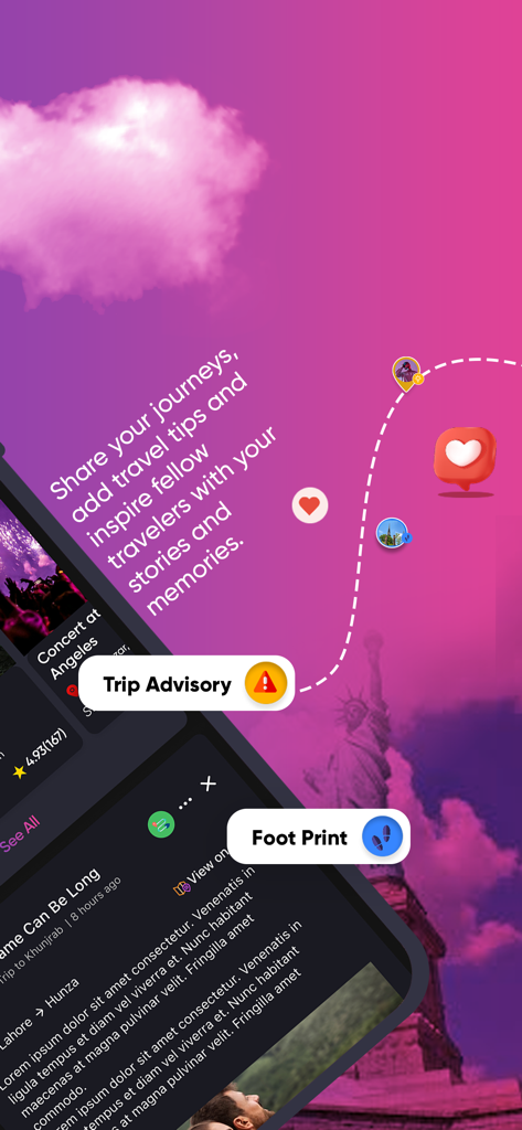 Hightribe: Social Travel App - Una pantalla con temática morada de la aplicación Hightribe que muestra historias de viajes y funciones sociales como Huellas y Asesoramiento de Viajes con la Estatua de la Libertad de fondo.