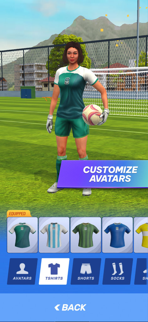 Football World : Online Soccer - Avatar-Anpassungsbildschirm in Football World Online Soccer mit Trikotoptionen wie T-Shirts und Socken