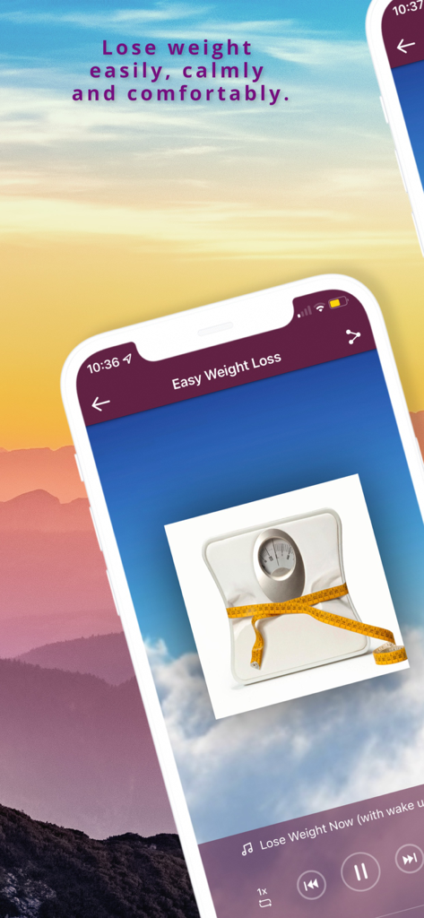 Easy Weight Loss app screen displaying a hypnosis audio session player with a scale and measuring tape icon against a mountain landscape.