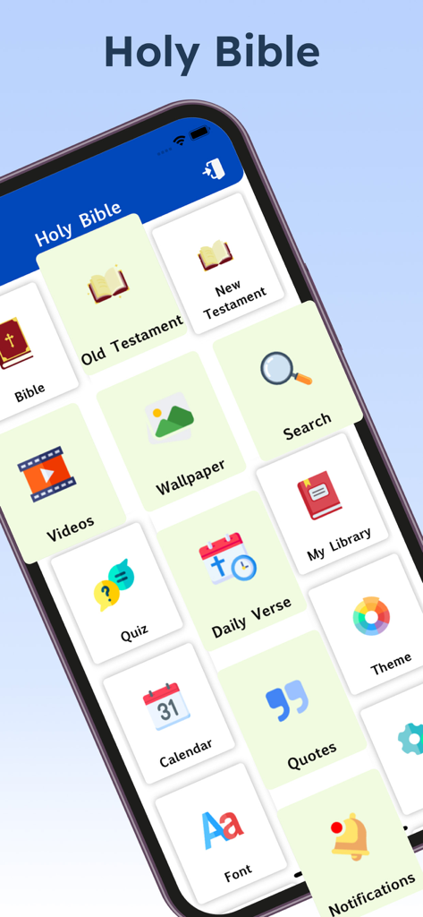 Bible Reading Zone -All In One - Menú principal de la aplicación Bible Reading Zone mostrando funciones como Versículo Diario del Antiguo y Nuevo Testamento y Citas.