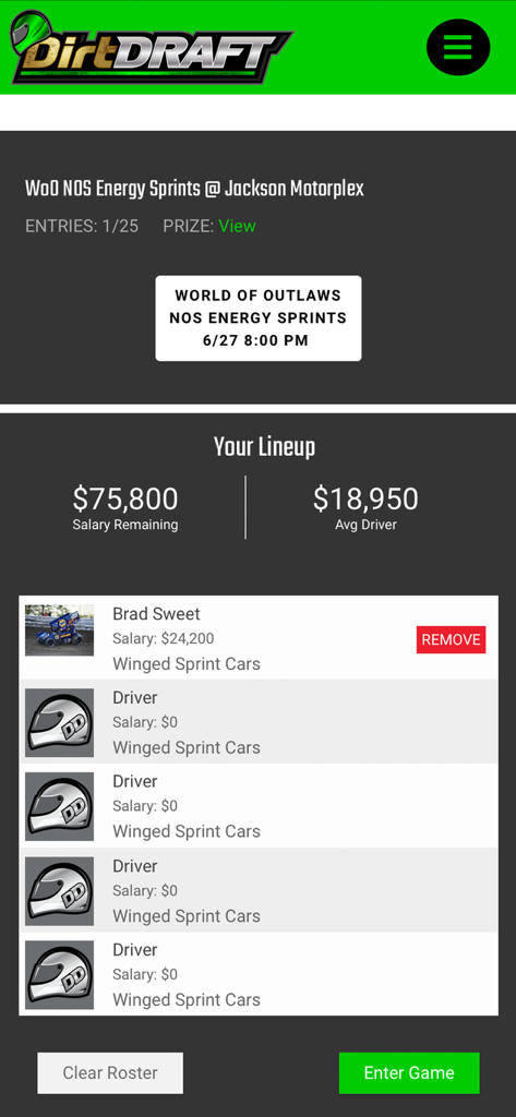 Dirt Draft - Dirt Draft app screen showing a user selecting a fantasy racing lineup for the World of Outlaws NOS Energy Sprints event.