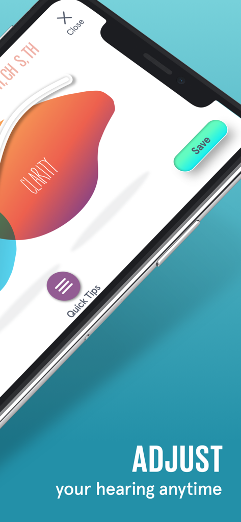 SonicCloud Personalized Sound - SonicCloud app interface on a smartphone showing sound clarity adjustment settings with the text Adjust your hearing anytime