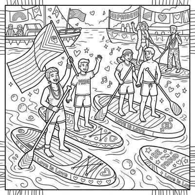 Dive into a joyous Pride Month celebration on the water with this exciting coloring page! Discover happy paddleboarders surrounded by symbols of love, diversity, and community spirit, ready for your creative touch.