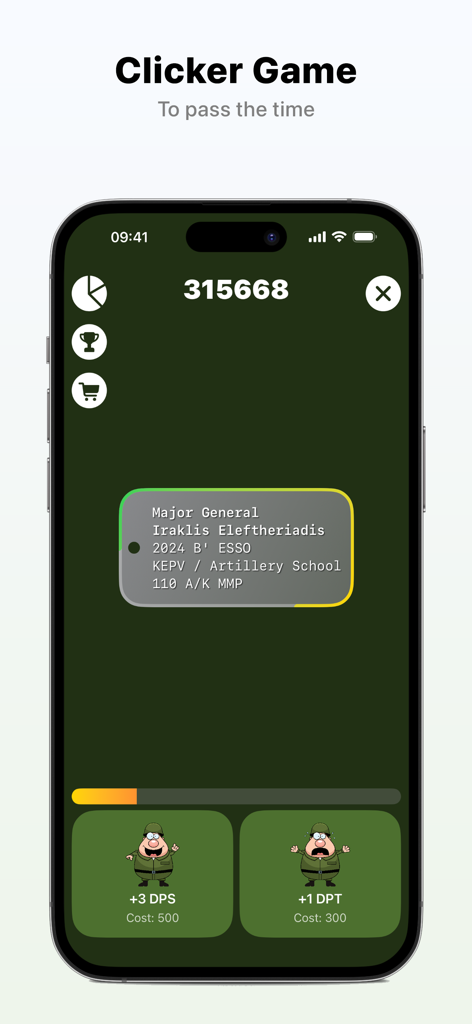 Apolyomai - 만화 군인 캐릭터와 점수 추적이 있는 아폴로마이 앱의 군대 테마 클릭커 미니 게임 인터페이스
