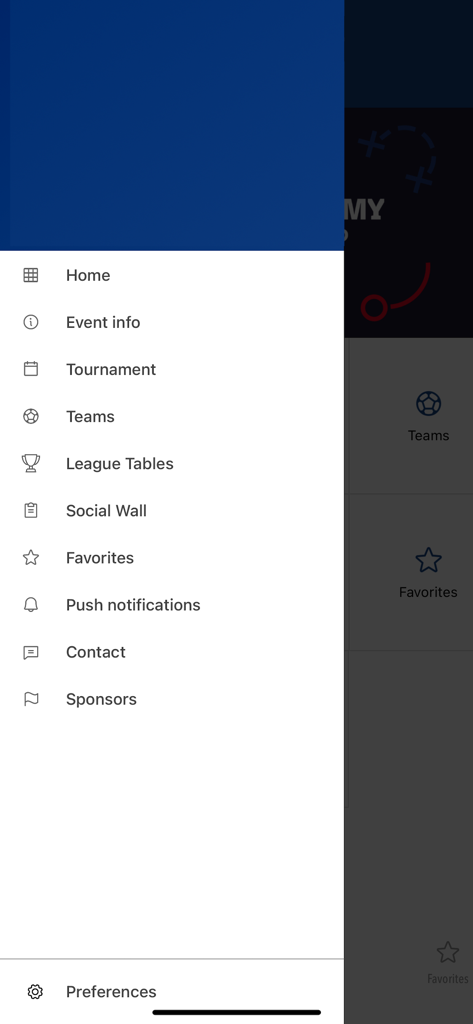 FC Barcelona Events App - Menú de navegación lateral de la aplicación de eventos del FC Barcelona que muestra las funciones de torneo y equipo