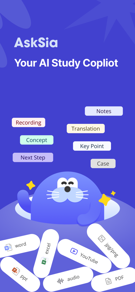 AskSia - Interfaz de la aplicación móvil AskSia Your AI Study Copilot con una mascota azul y varios formatos de archivo compatibles como PDF, Word y YouTube