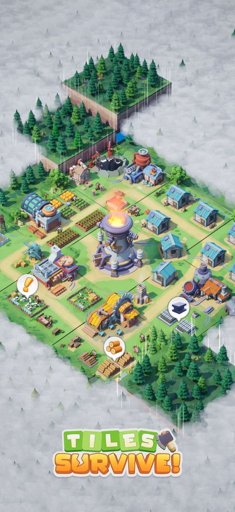 Vista cenital de una base de supervivientes con edificios de recursos y granjas en el juego Tiles Survive