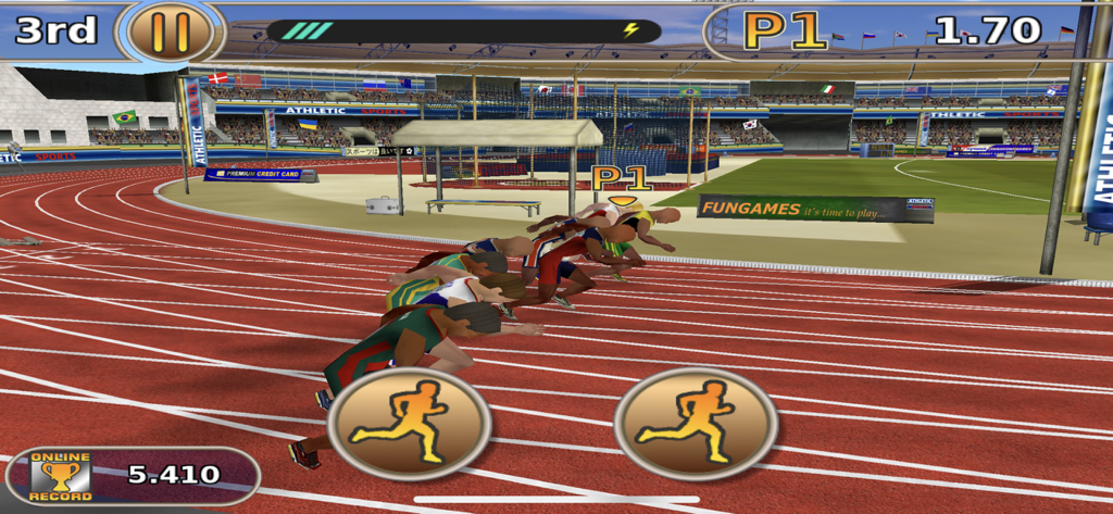 Athletics: Summer Sports Full - Athletes crouched at the starting line of a 100 meter dash in a 3D stadium