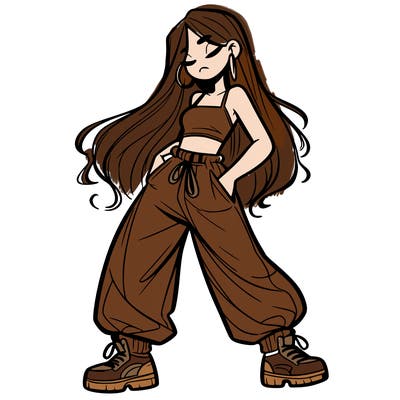 girl in baggy pants crop top and long hair