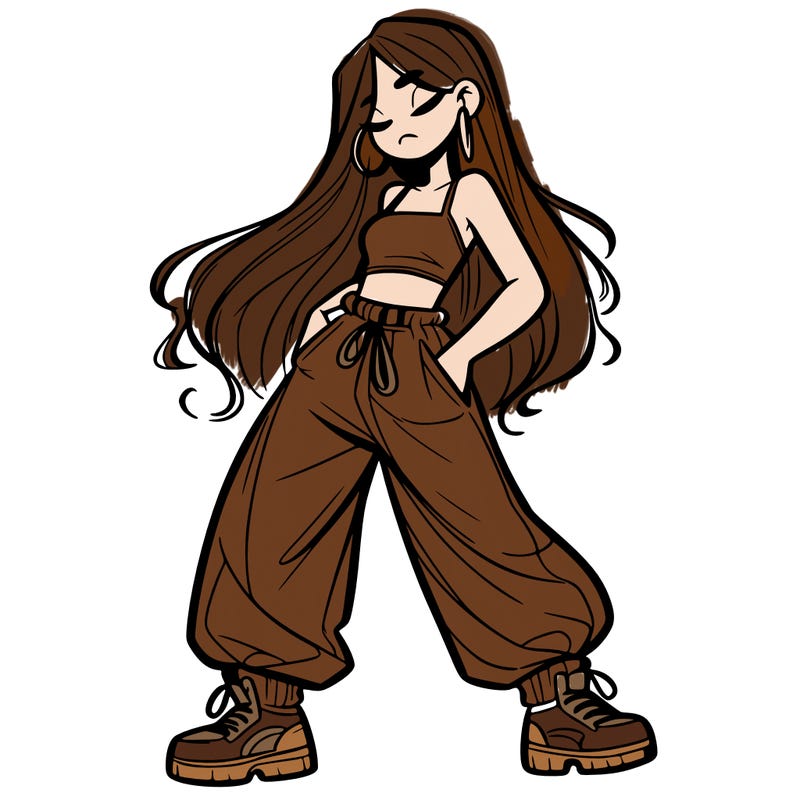 girl in baggy pants crop top and long hair
