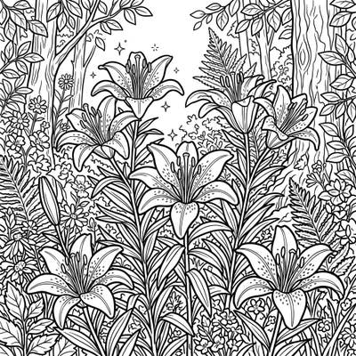 Celebrate the beauty of nature with this exquisite Wood Lilies coloring page, perfect for a relaxing summer activity. Immerse yourself in a vibrant woodland scene filled with intricate flora awaiting your creative touch.