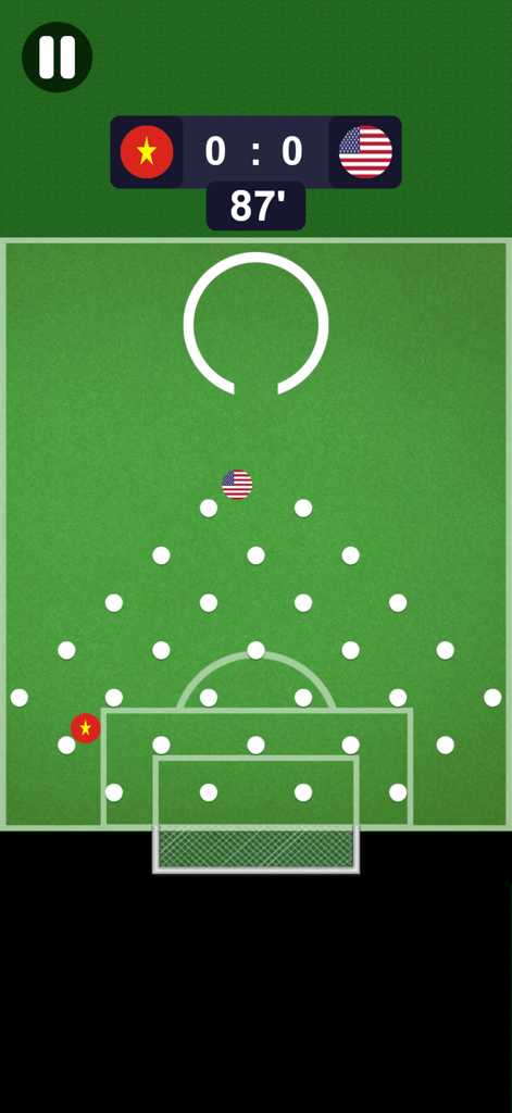 ベトナムとアメリカのマーブルが物理ベースのフィールドで対戦しているマーブルフットボールのゲームプレイ画面。