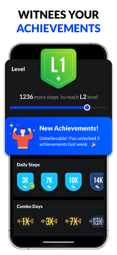 A smartphone screen displaying user levels daily step count badges and unlocked fitness achievements in a pedometer app