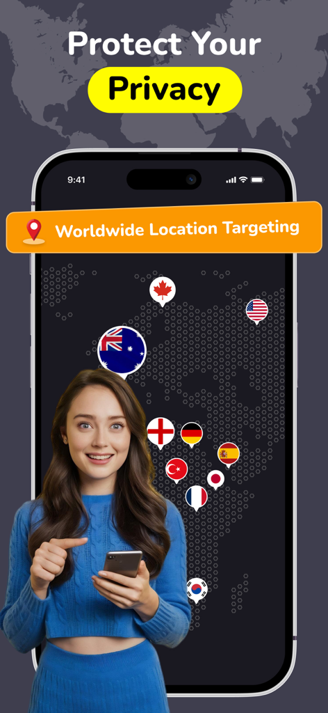 VPN - High Speed VPN, VBN, VP - A promotional screen for a VPN app showing a woman with a smartphone and a world map with global server flags and the text Protect Your Privacy.