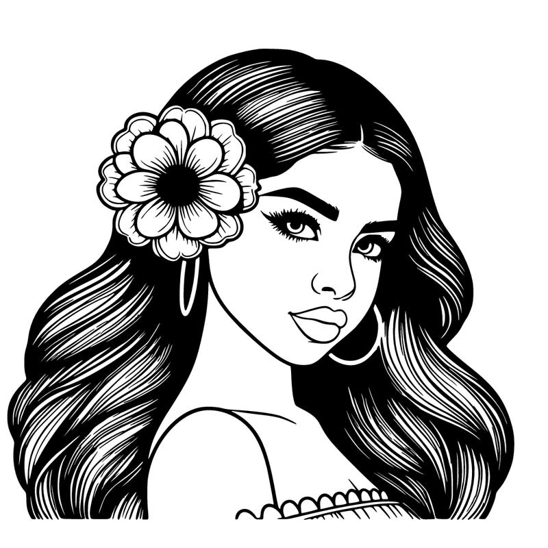 realistic girl with a flower in her long hair