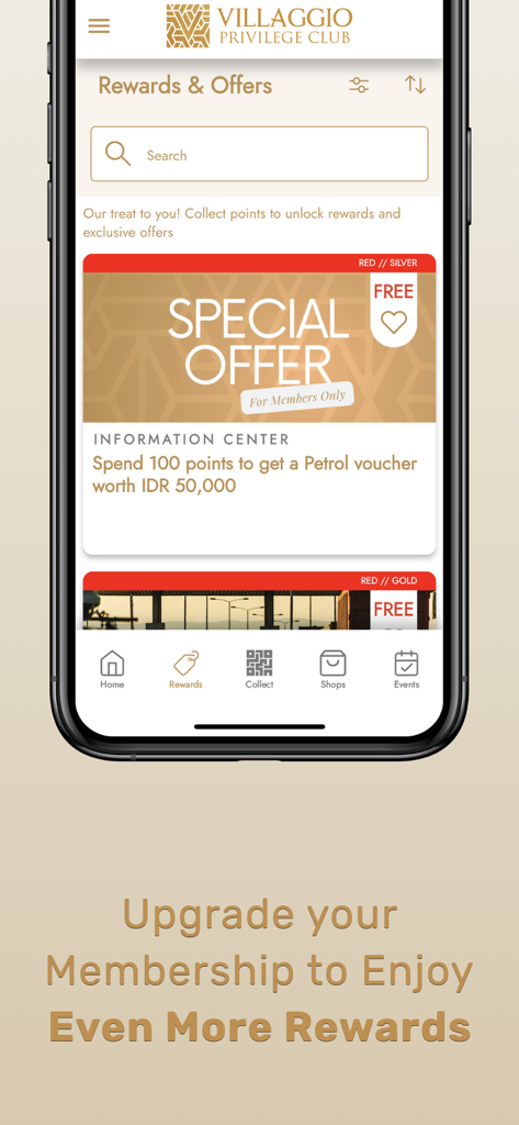 Villaggio Privilege Club - Aplicación Villaggio Privilege Club que muestra ofertas especiales y recompensas de nivel de membresía en un smartphone