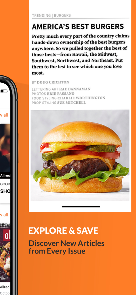 Allrecipes Magazine - Allrecipes Magazine app displaying an article about the best burgers in America with a cheeseburger photo.