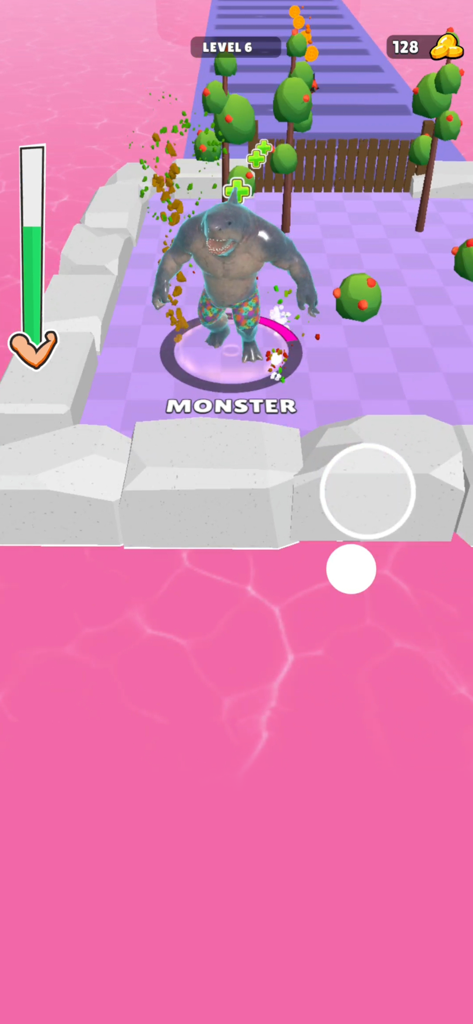 Monster Evolution! - Ein riesiger humanoider Hai-Charakter steht auf einer Plattform im Level des Spiels Monster Evolution