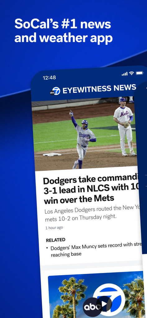 ABC7 Los Angeles - ABC7 Los Angeles news and weather app interface featuring Eyewitness News headlines