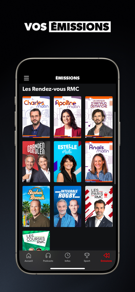 Uno schermo di app mobile che mostra una griglia di diversi programmi di RMC Radio, inclusi notizie e spettacoli sportivi