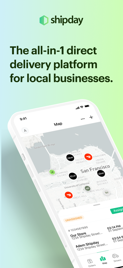 Smartphone screen displaying the Shipday delivery management platform with a map tracking local deliveries in San Francisco