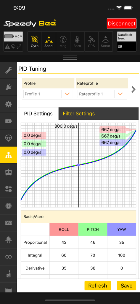 SpeedyBee App PID tuning interface showing rate curves and flight controller settings for FPV drones