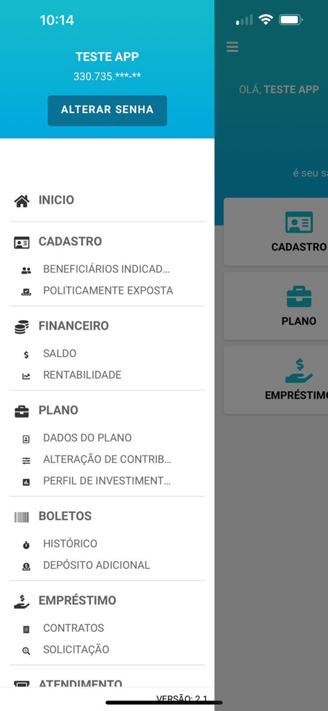 Previ Siemens - 재정 및 퇴직 계좌 옵션을 보여주는 Previ Siemens 앱 측면 탐색 메뉴