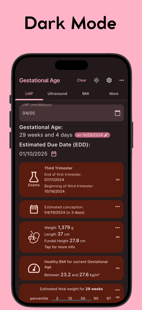 Gestational Age (baby's age) - Gestational Age app interface in dark mode displaying pregnancy statistics and estimated due date