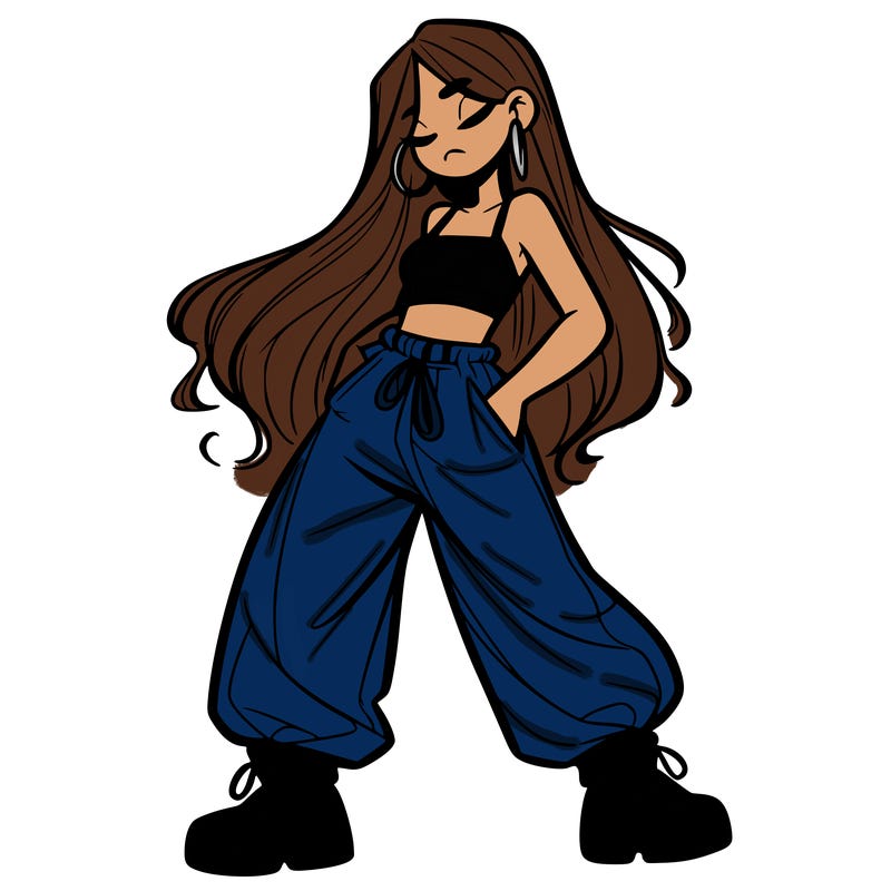 girl in baggy pants crop top and long hair
