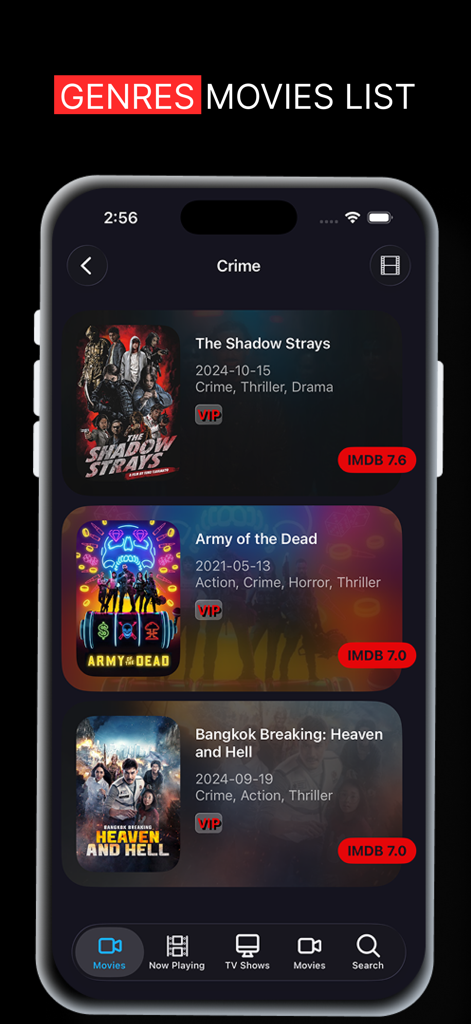 Netmirror : Movies & TV Shows - Interface of the Netmirror app showing a list of movies in the crime genre with IMDb ratings
