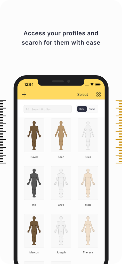 Tailor Body Measurements by DM - 名前とマネキンアイコンが表示された、保存済みの体のサイズプロファイルの検索可能なリストを表示するモバイル画面。