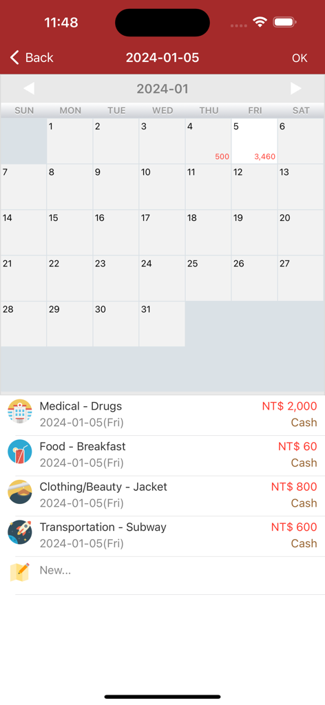 Captura de pantalla de la aplicación móvil AndroMoney que muestra una interfaz de calendario y una lista categorizada de gastos diarios, incluyendo médicos, comida y transporte