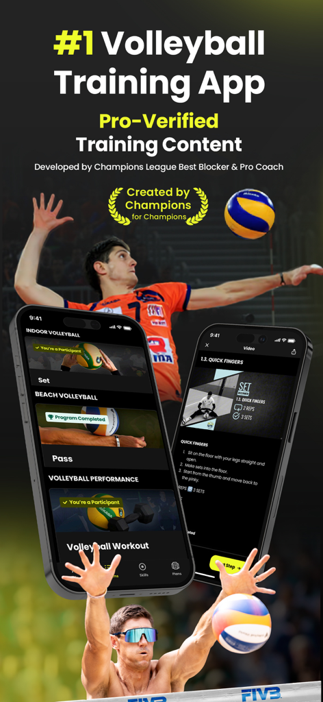VolleyTrain mobile app interface featuring professional indoor and beach volleyball training drills and performance workouts