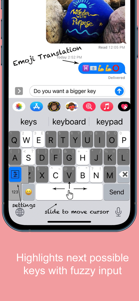Highlighted Large Keyboard app interface showing large keys and slide to move cursor feature