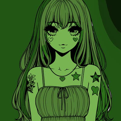 realistic anime girl with long hair star heart tattoos with a simple fabric dress with full lips