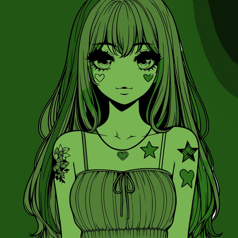 realistic anime girl with long hair star heart tattoos with a simple fabric dress with full lips