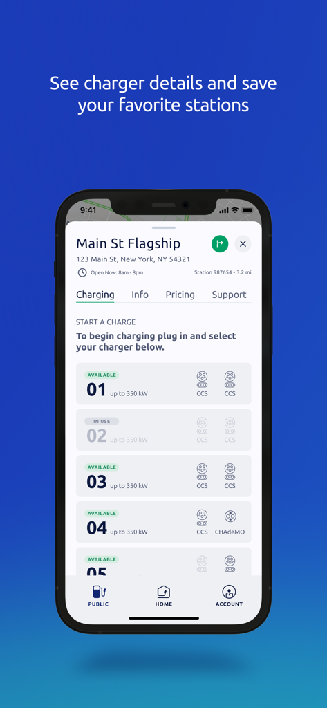 Electrify America - Captura de pantalla de la aplicación Electrify America que muestra la disponibilidad de cargadores en tiempo real y las especificaciones de potencia de una estación de carga de vehículos eléctricos