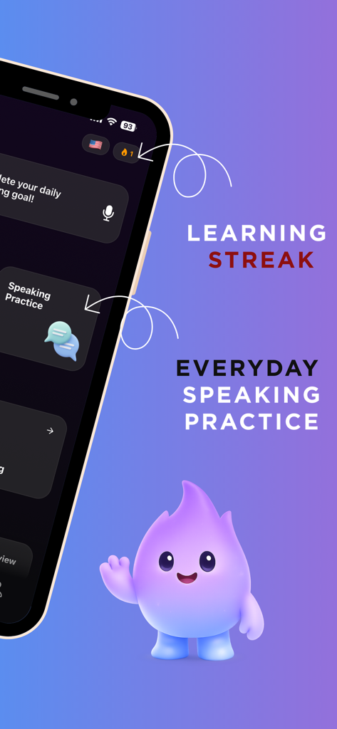 Nuva - English Tutor - Captura de pantalla de Nuva English Tutor resaltando las funciones de práctica diaria de expresión oral y racha de aprendizaje.